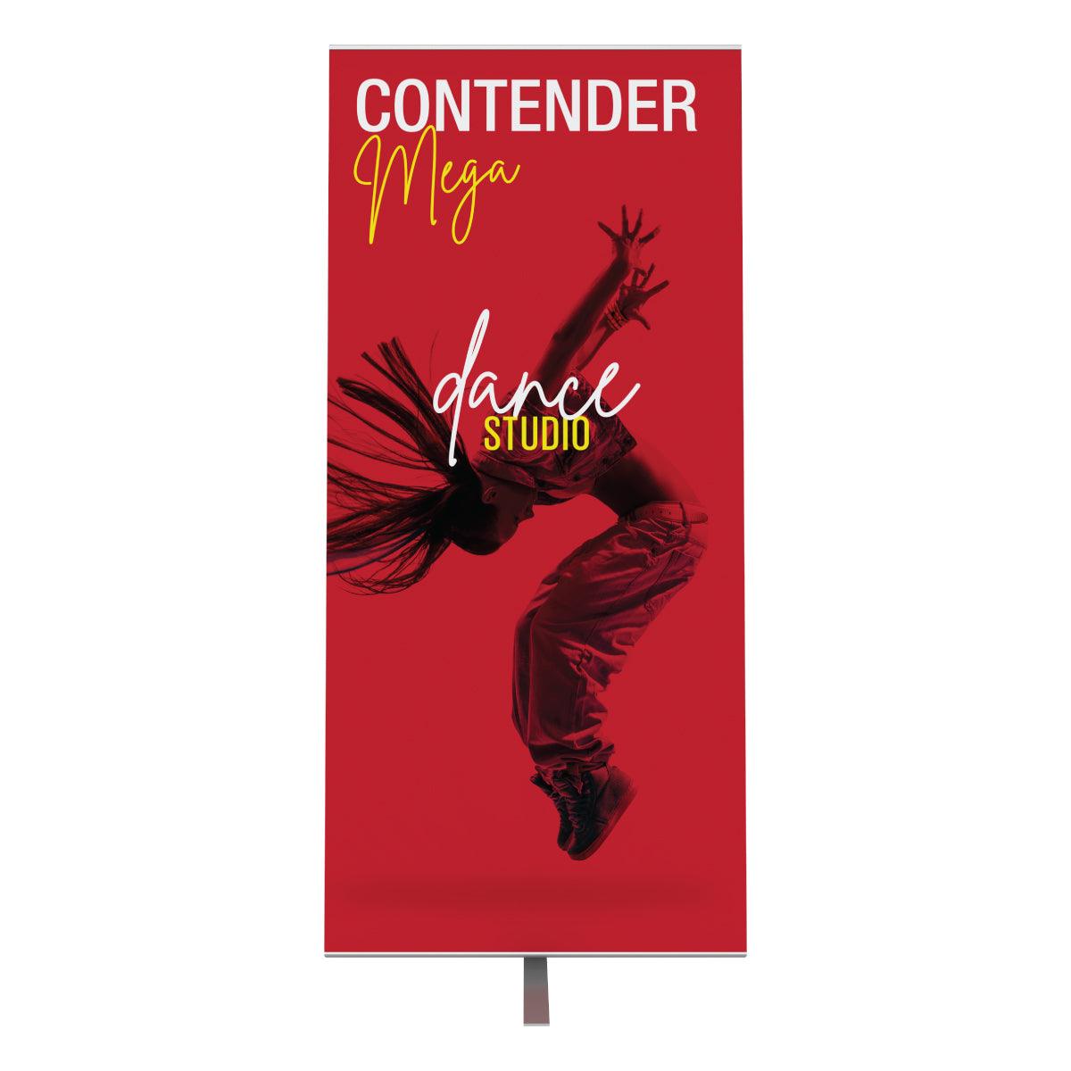 Contender Mega banner stand displaying dynamic dancer for trade shows and exhibitions