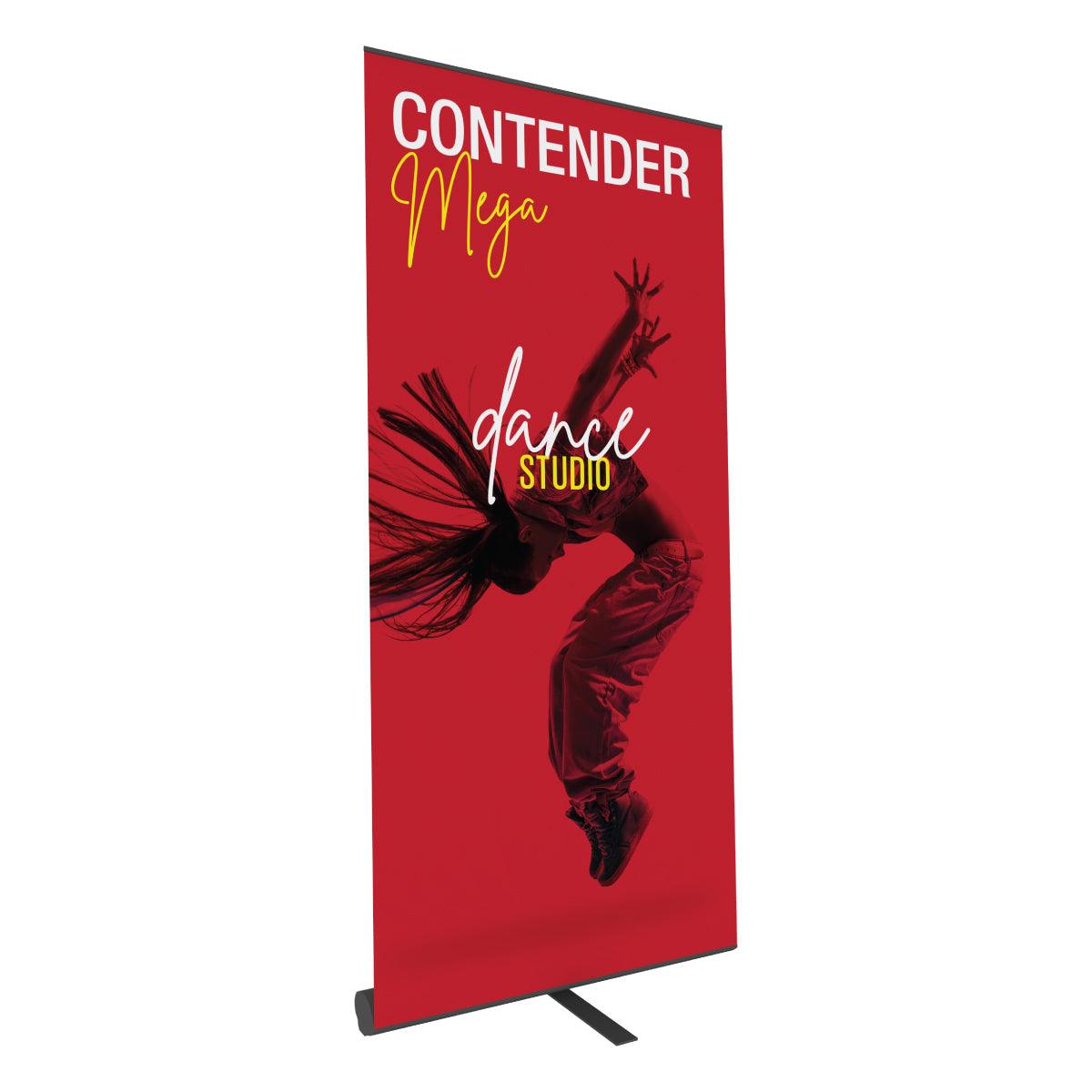 Tall retractable banner stand displaying dynamic dance studio advertisement for trade shows and exhibitions