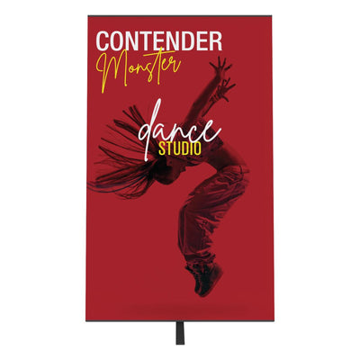 Trade show banner stand featuring dynamic dancer image and Contender Monster Dance Studio text for event displays
