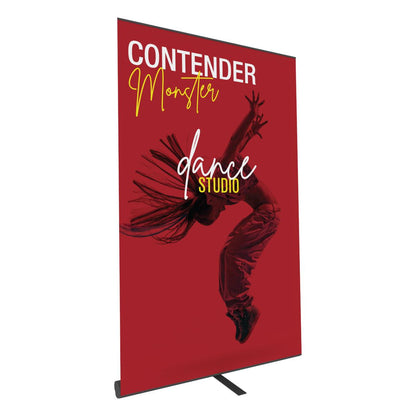 Retractable banner stand displaying dance studio promotion for trade shows and exhibitions