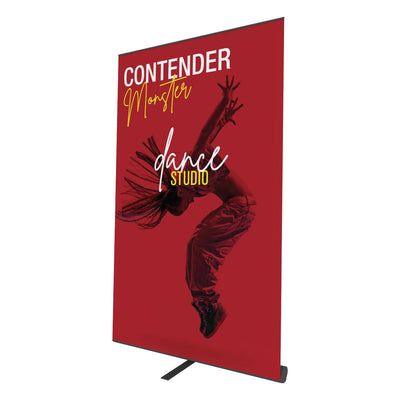 Freestanding banner stand with dynamic dance studio graphic ideal for trade show and event displays