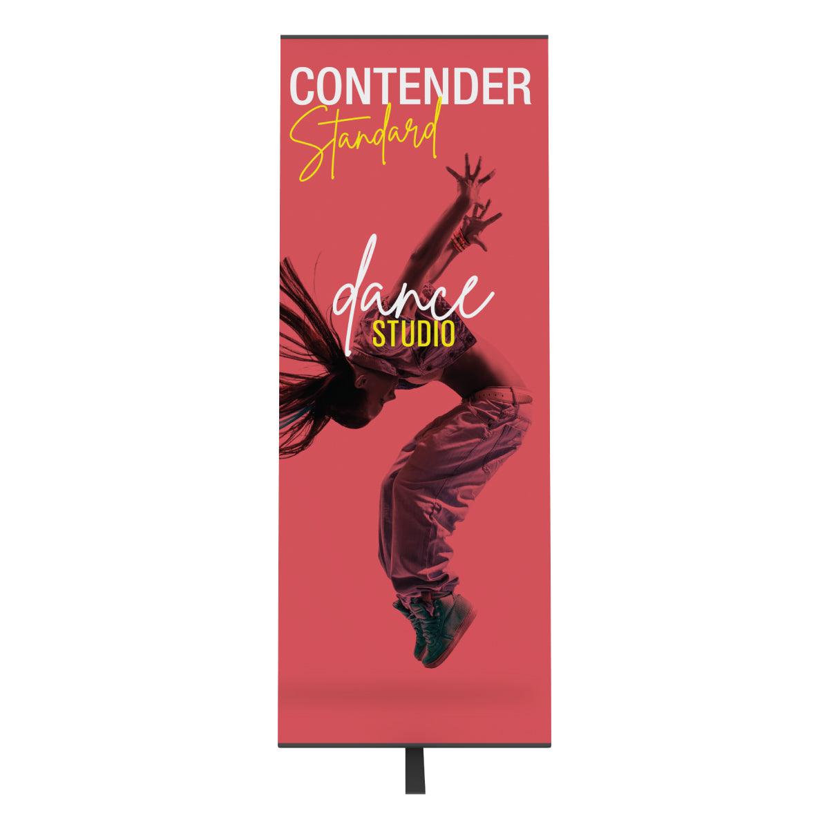 Trade show banner stand featuring dynamic dancer image and Contender Standard dance studio branding