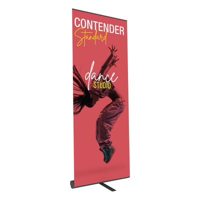 Portable banner stand featuring dance studio advertisement for trade shows and exhibitions