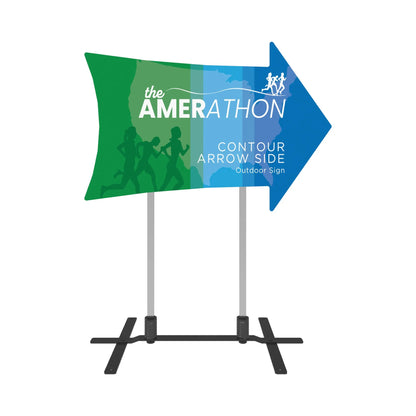 Outdoor contour arrow side sign with runner graphics for trade shows and special event direction