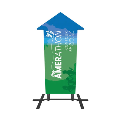 Contour arrow-up outdoor sign with marathon event graphics for trade shows and exhibitions