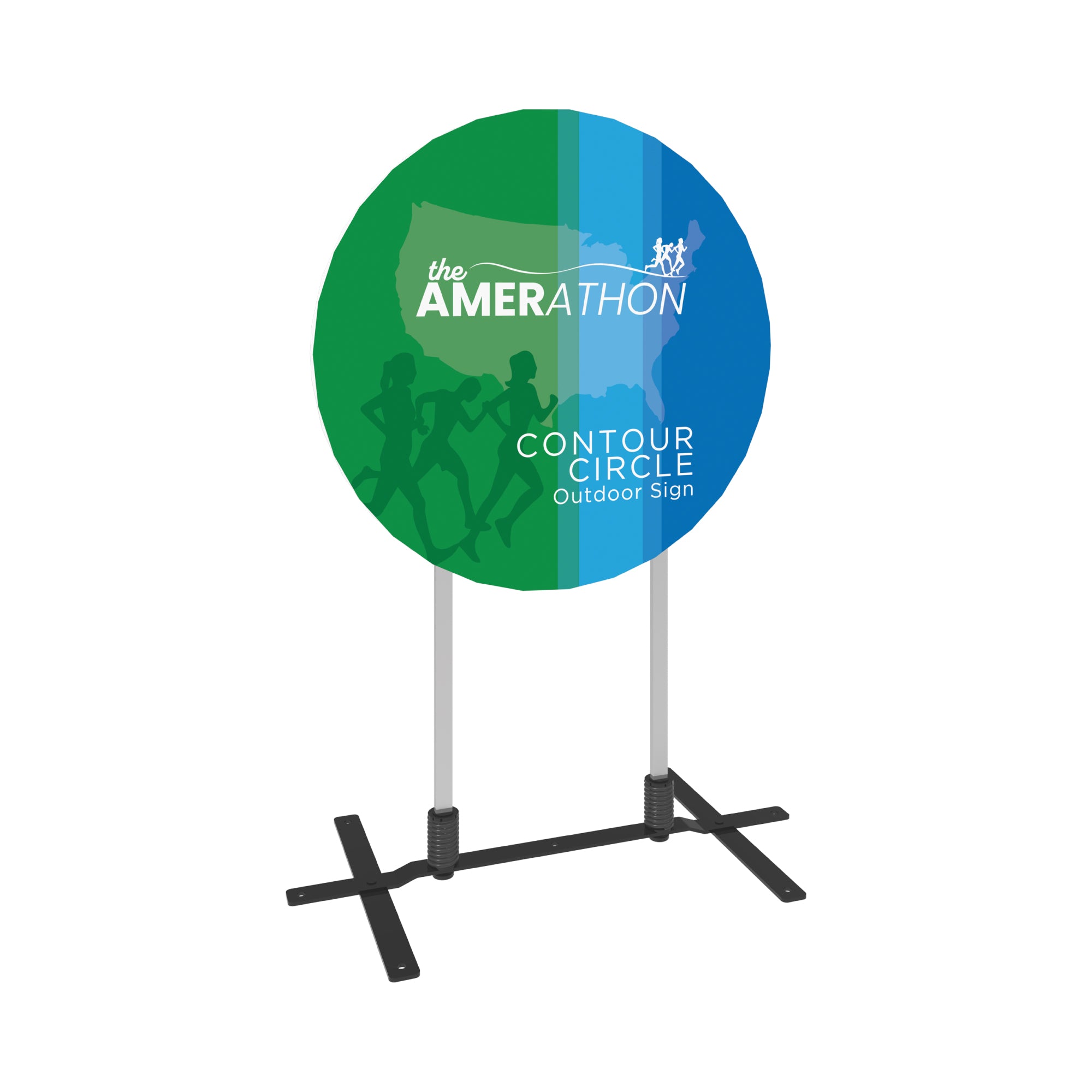Contour circle outdoor sign with runner graphics for trade shows and special events