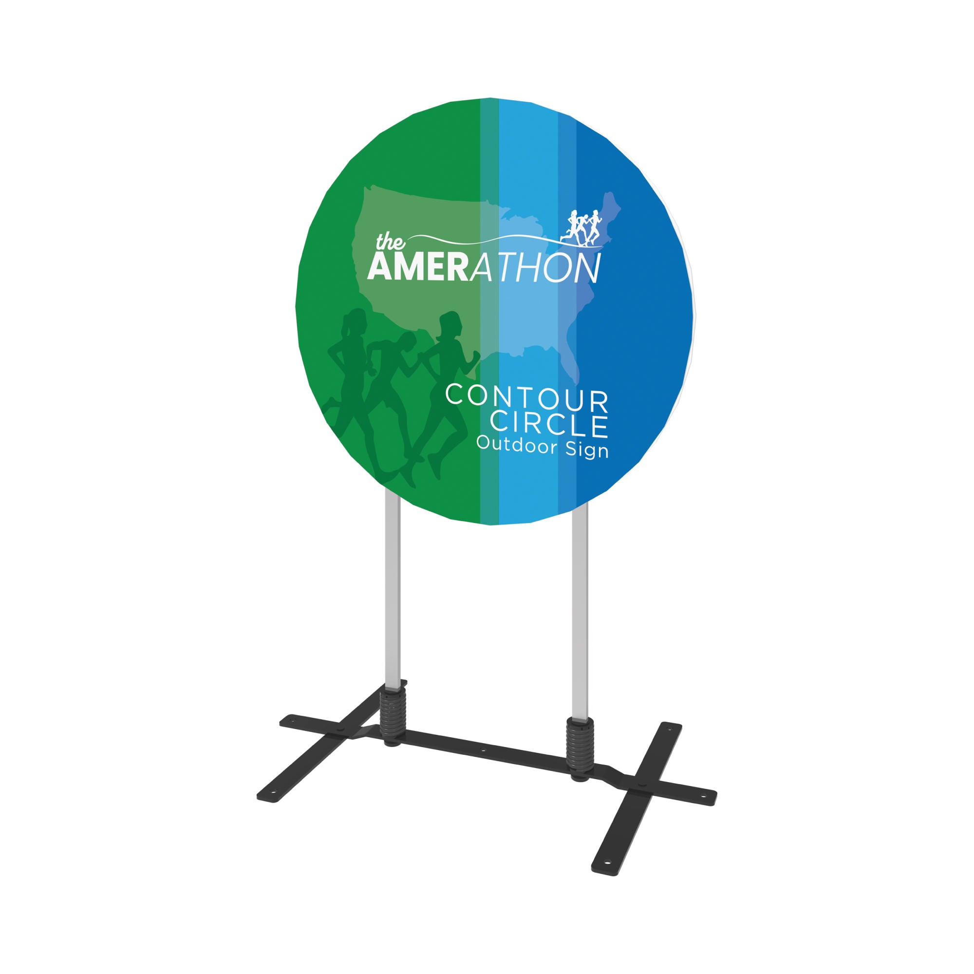 Contour circle outdoor sign with Amerathon branding, ideal for trade shows and exhibitions display