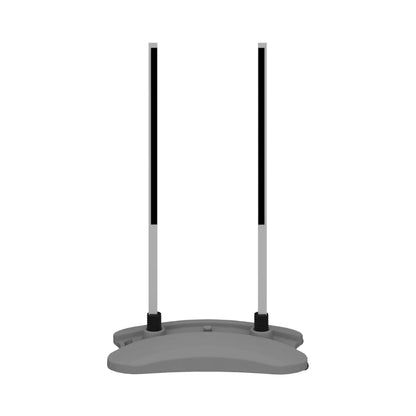 Base stand for trade show displays with two vertical poles for event signage