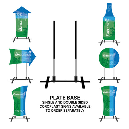 Plate base display stand with examples of trade show contour signs for exhibitions and events