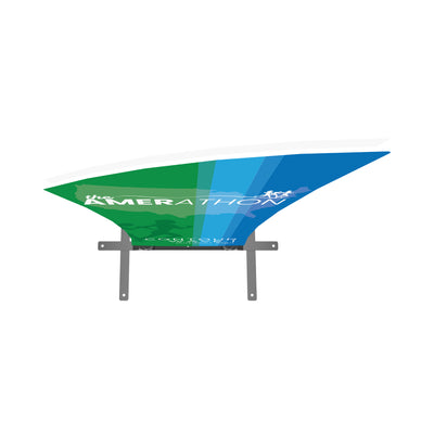 Trade show curved overhead banner with mounting brackets for exhibitions and special event displays
