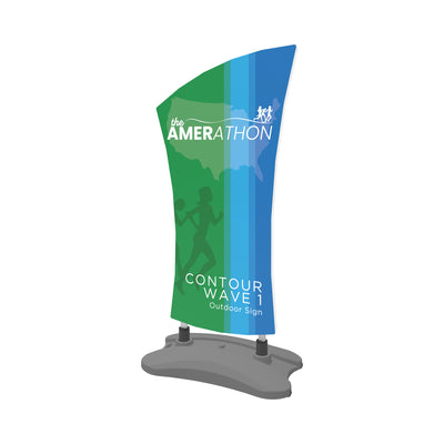 Outdoor trade show curved contour wave 1 sign featuring Amerathon running event graphics