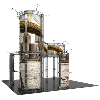 Trade show display with tall cylindrical truss structures featuring cityscape graphics for exhibitions