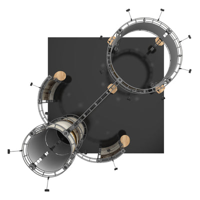 Overhead view of modular exhibition truss system with circular and rectangular display areas for trade shows and events