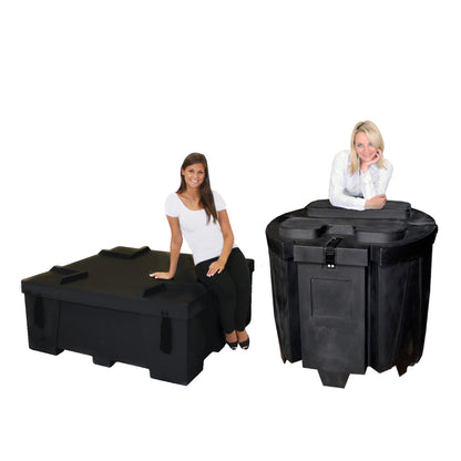 Two women demonstrating versatile storage and transport containers for trade show and event equipment
