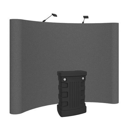 Curved fabric trade show display with hard case counter and overhead lights for exhibition booths