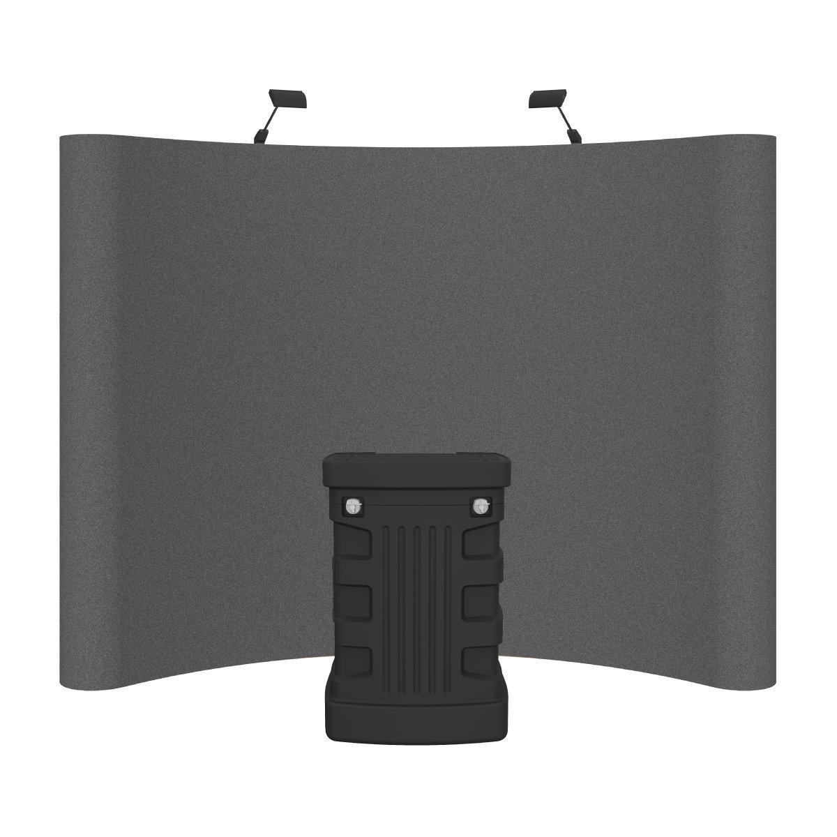 Curved fabric trade show display kit with podium stand and overhead lights for exhibitions