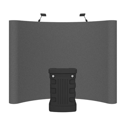 Curved fabric trade show display kit with podium stand and overhead lights for exhibitions