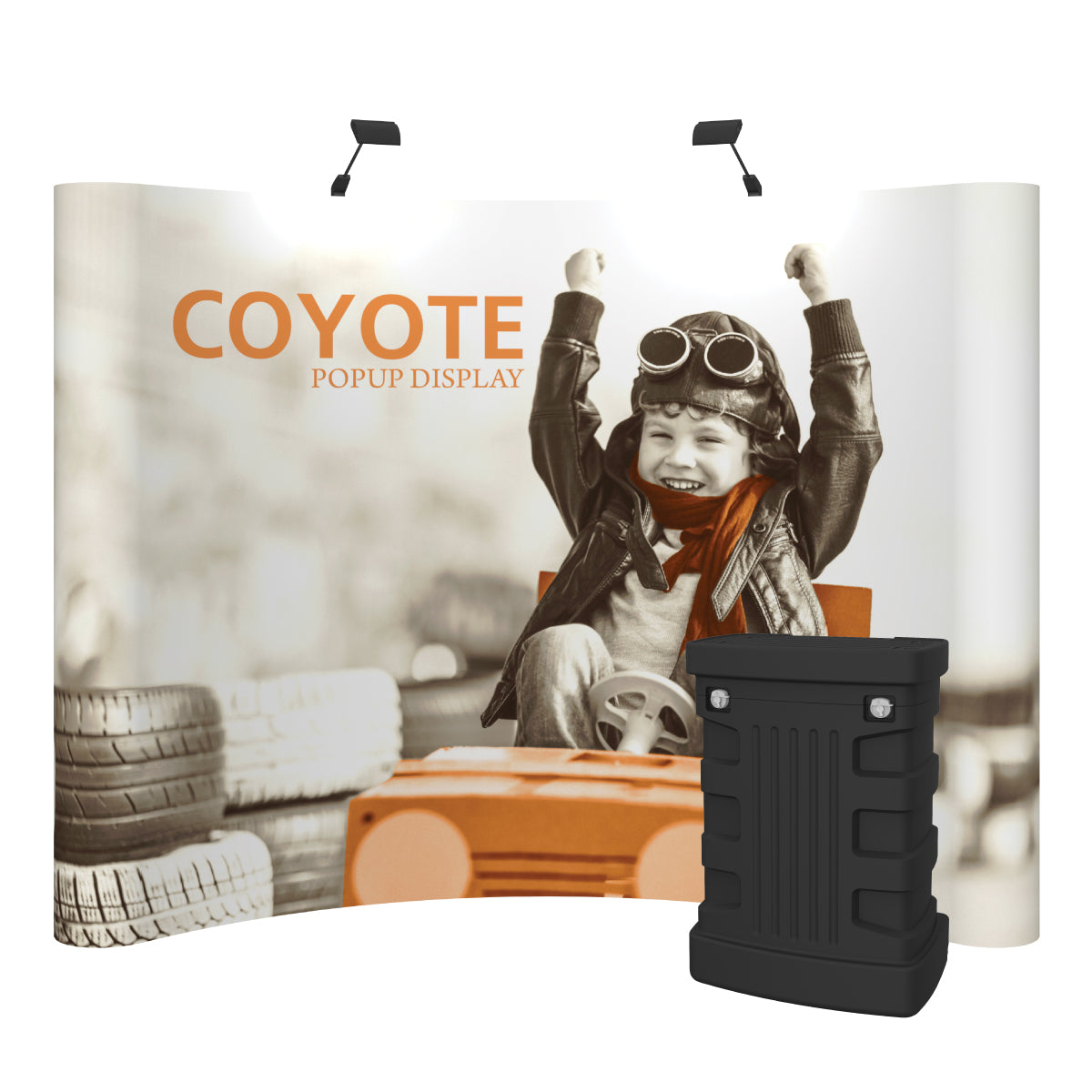Curved popup display with child racing theme used for trade shows and exhibitions