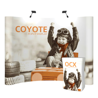 Curved popup display with case featuring child in aviator outfit for trade shows and exhibitions