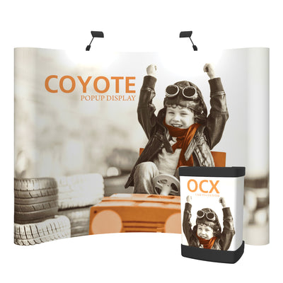 Curved popup display and counter featuring a joyful child driving a toy car, ideal for trade shows and exhibitions