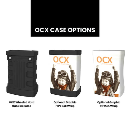 Three OCX case options for trade shows including wheeled hard case, graphic PCV roll wrap, and graphic stretch wrap