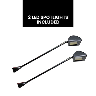 Two LED spotlights with flexible arms designed for illuminating trade show and exhibition displays