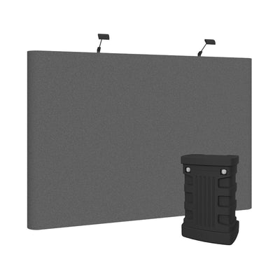 Curved fabric trade show display with hard case and mounted lights for exhibitions and events