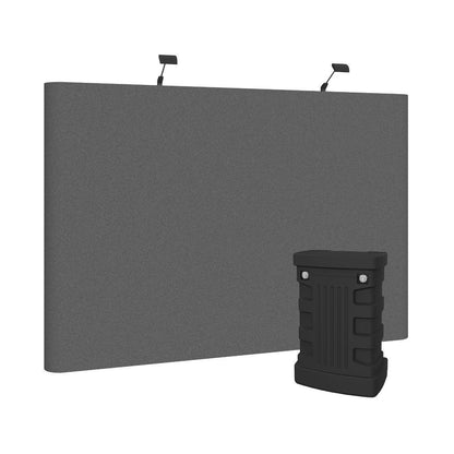 Curved fabric trade show display with hard case and mounted lights for exhibitions and events