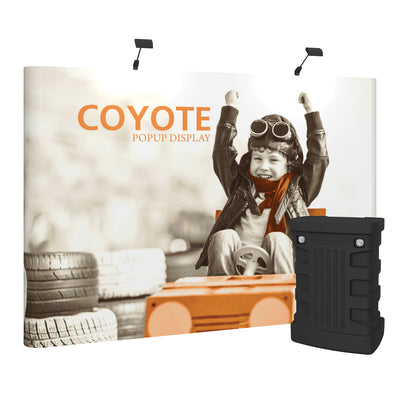 Portable trade show popup display with child racing image and compact shipping case for events