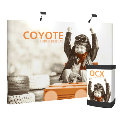 Trade show pop-up display with cheerful child in aviator outfit and matching portable case