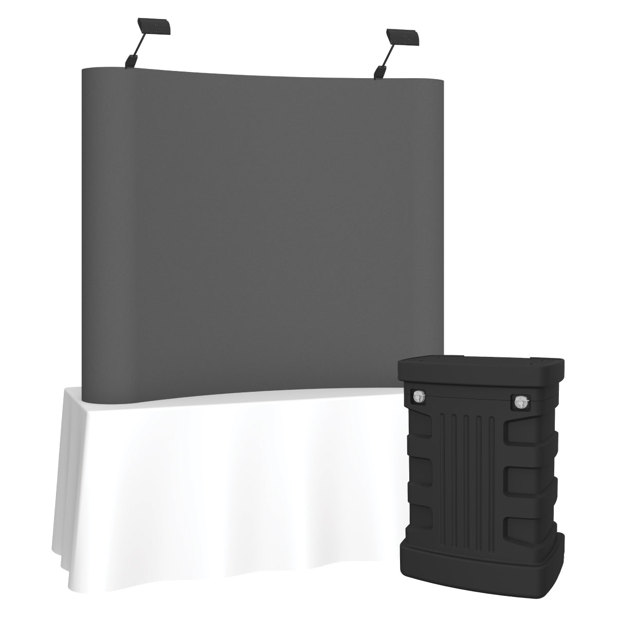 Curved fabric tabletop display with white tablecloth and carrying case for trade shows and exhibitions