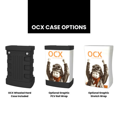 Three OCX case options for trade shows: wheeled hard case, graphic PVC roll wrap, and graphic stretch wrap
