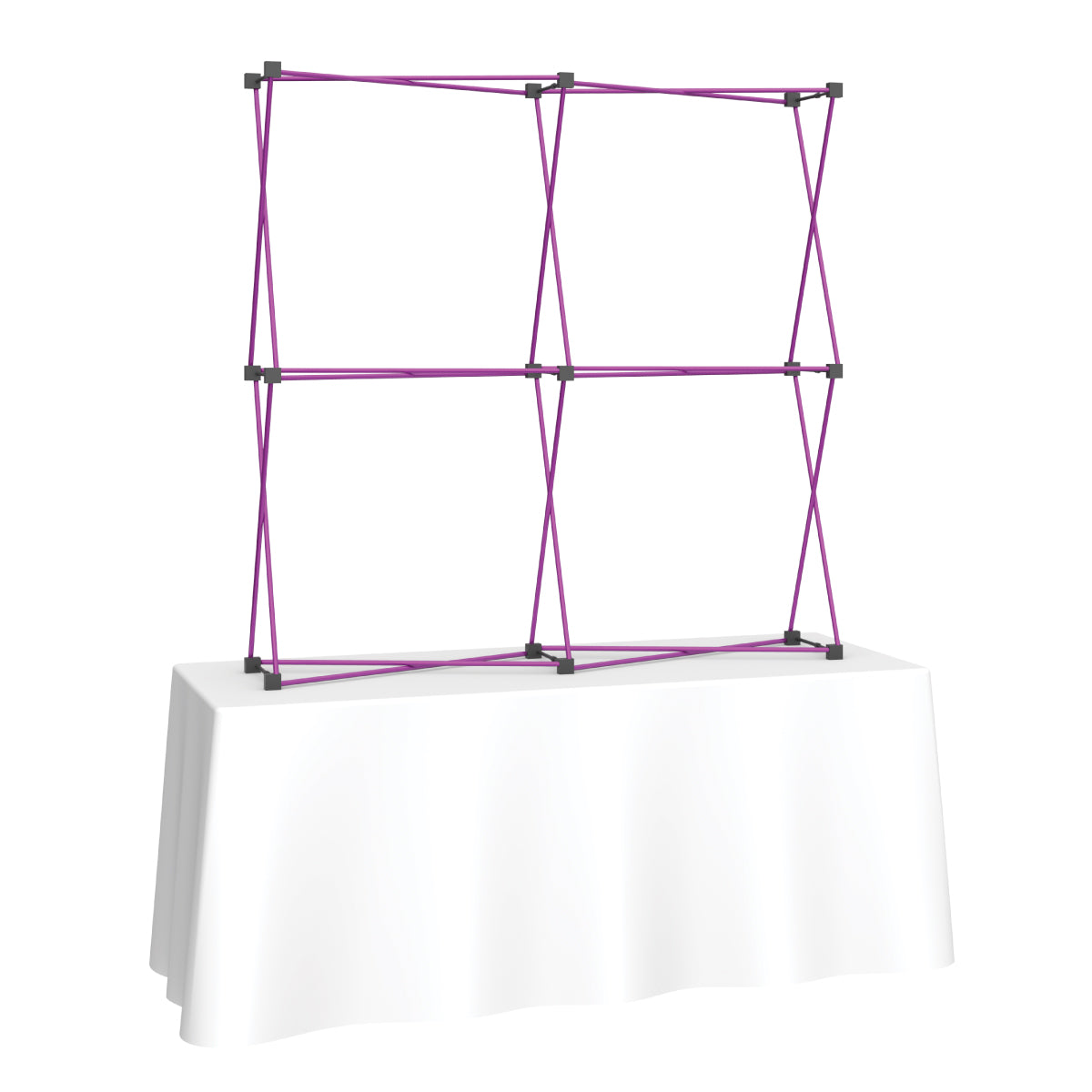Frame structure for tabletop trade show display on draped table, ideal for exhibitions and events
