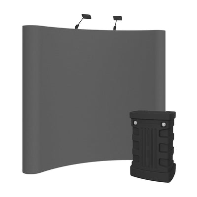 Curved fabric display panel with two mounted lights and a portable transport case for trade shows and exhibitions