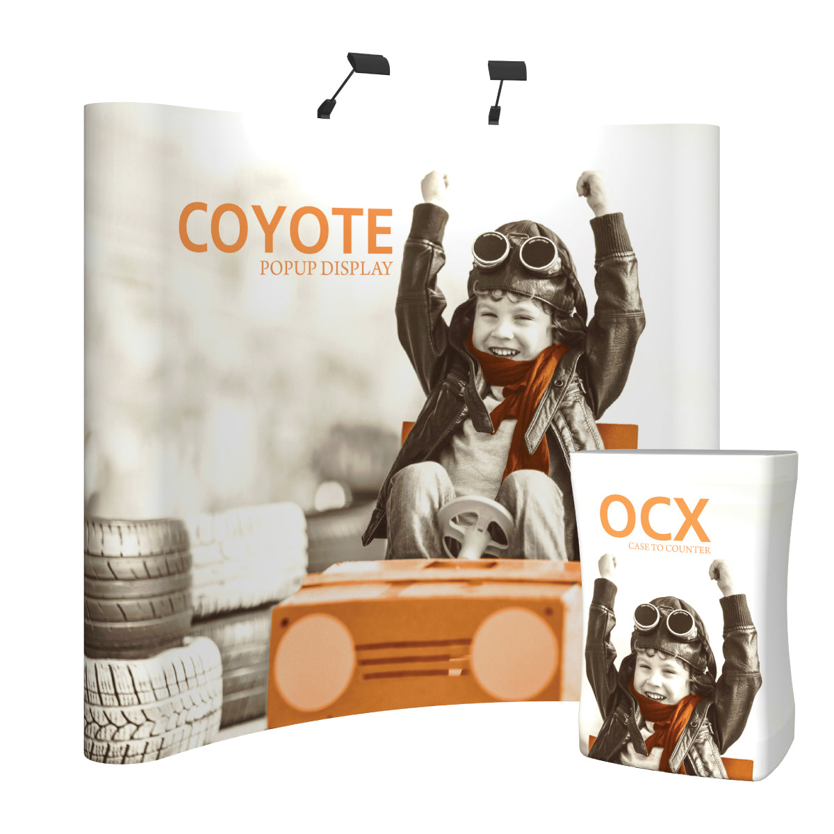 Curved popup display and case to counter showcasing a child in aviator gear for trade shows and exhibitions