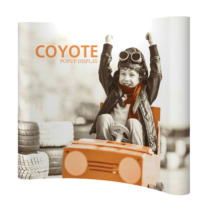 Curved popup display featuring a joyful child in aviator outfit driving a toy car, ideal for trade shows