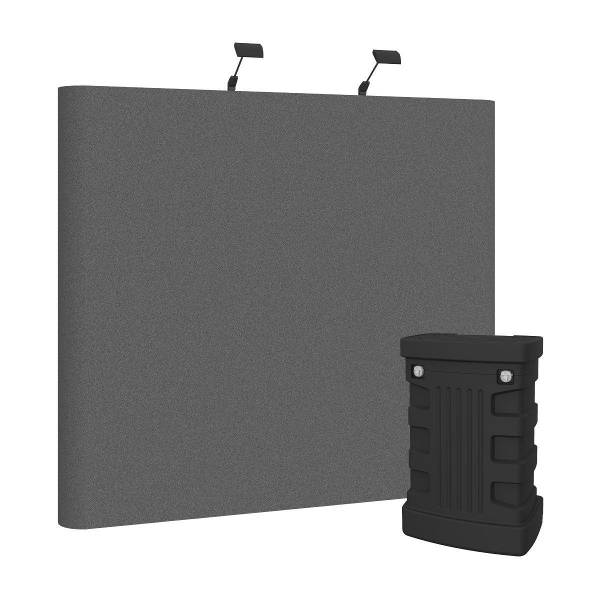 Portable trade show display with curved fabric backdrop and compact podium counter with lights