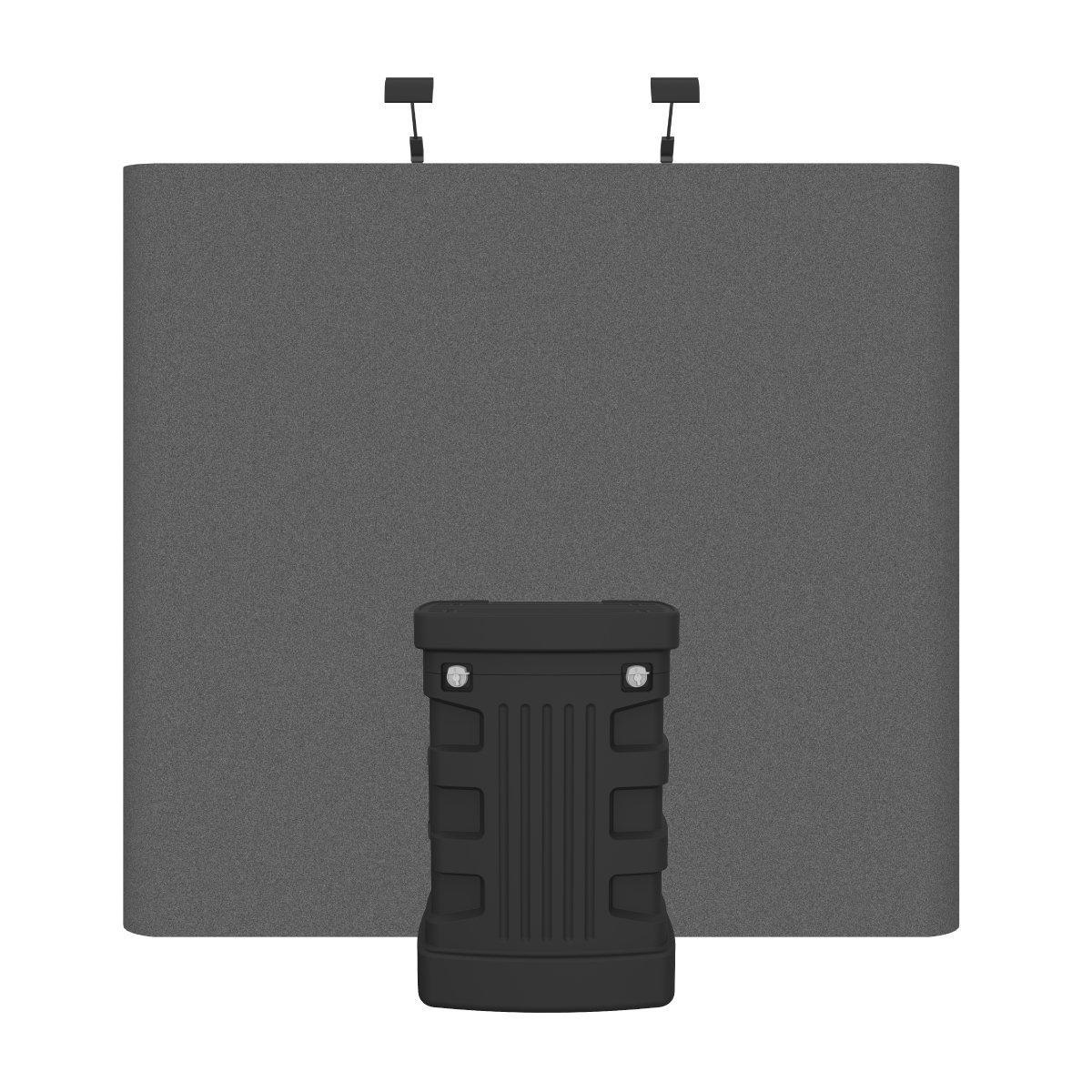 Portable trade show display with straight fabric backdrop and compact storage case for events