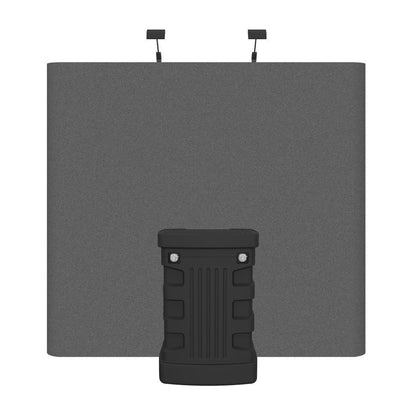 Portable trade show display with straight fabric backdrop and compact storage case for events