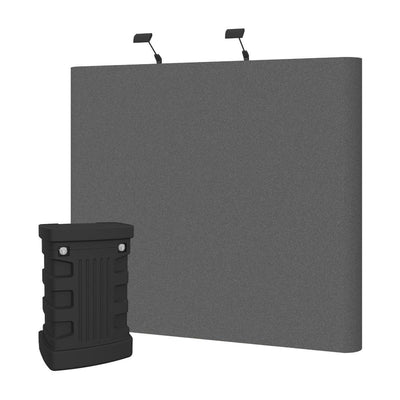 Trade show fabric display kit with curved backdrop, case counter, and overhead lights for exhibitions