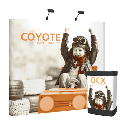 Trade show popup display and case to counter featuring a child in aviator costume with raised arms, suitable for exhibitions and events