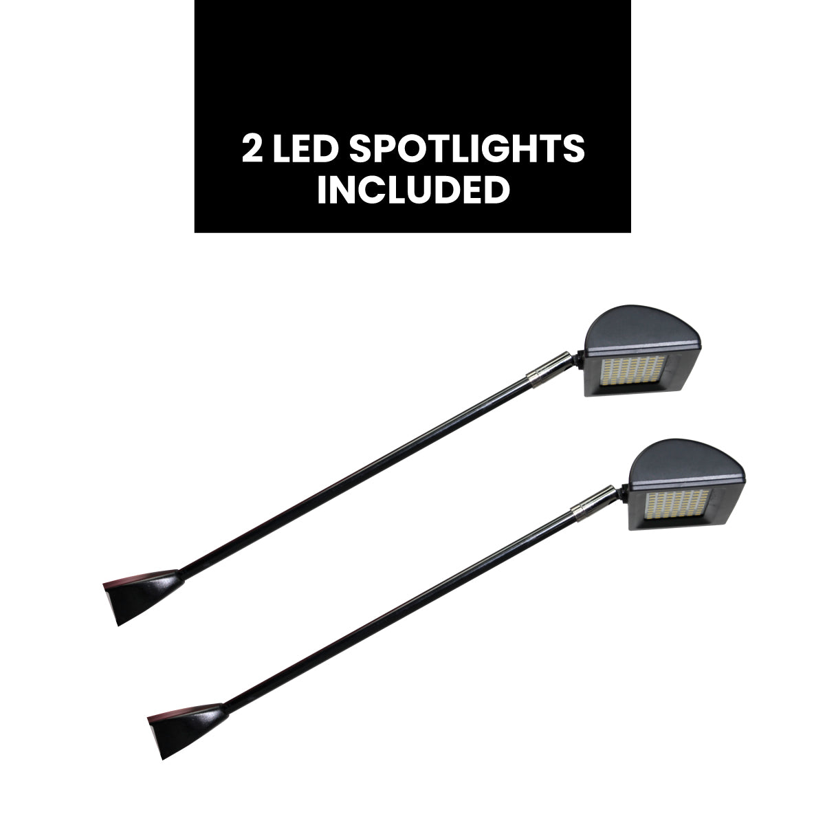 Two adjustable LED spotlights for trade show and exhibition display lighting