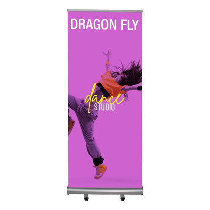 Double-sided banner stand featuring dynamic dance studio promotion for trade shows and exhibitions