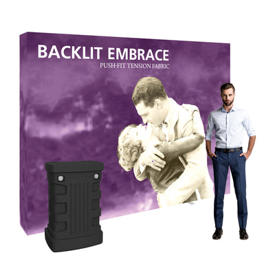 Backlit tension fabric display with push-fit design showcasing vintage couple image for trade shows and exhibitions