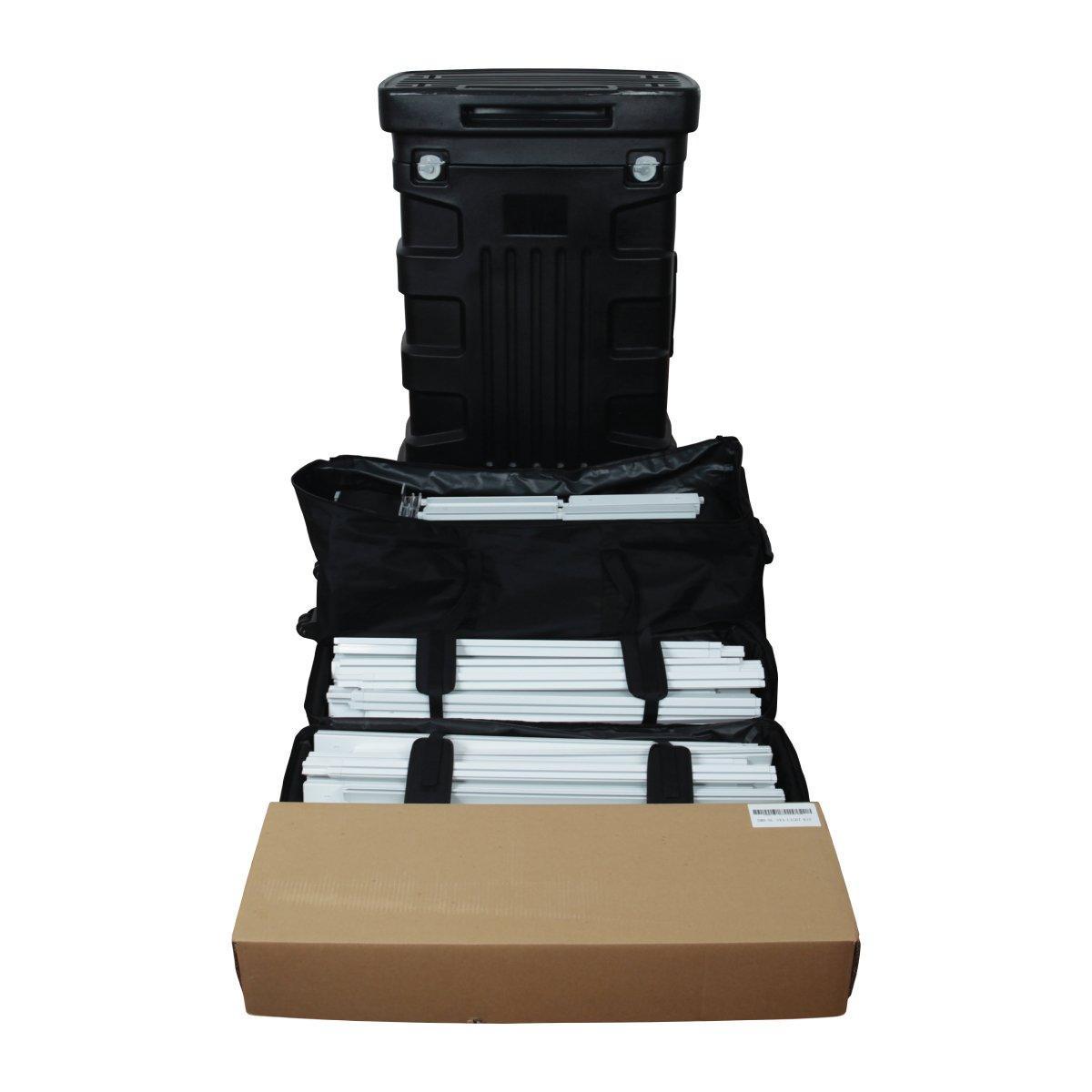 Trade show display kit with frame components, carrying case, and protective box for exhibitions