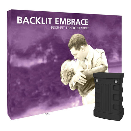 Backlit fabric display with vintage couple image for trade shows, with portable case for exhibitions