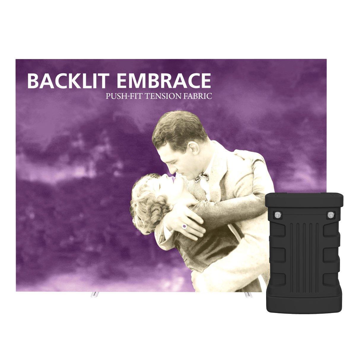 Backlit embrace tension fabric display with black portable case for trade show and event exhibits