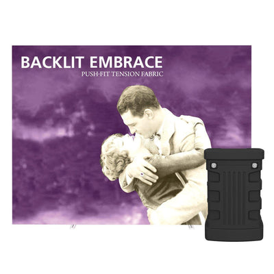 Backlit embrace tension fabric display with black portable case for trade show and event exhibits