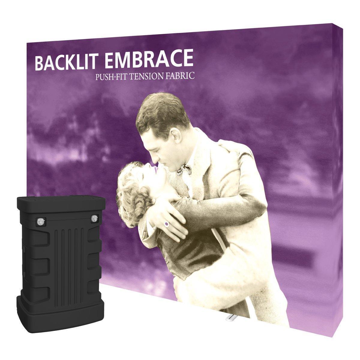 Backlit Embrace push-fit tension fabric display with case for trade shows and exhibitions