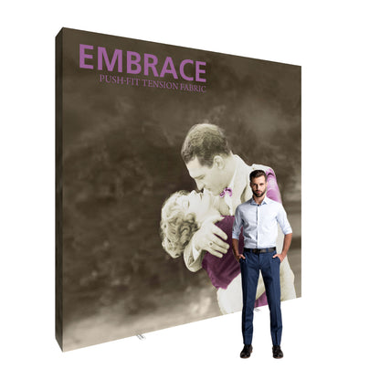 Extra tall fabric tension display with vintage couple image and man standing in front for trade shows and exhibitions